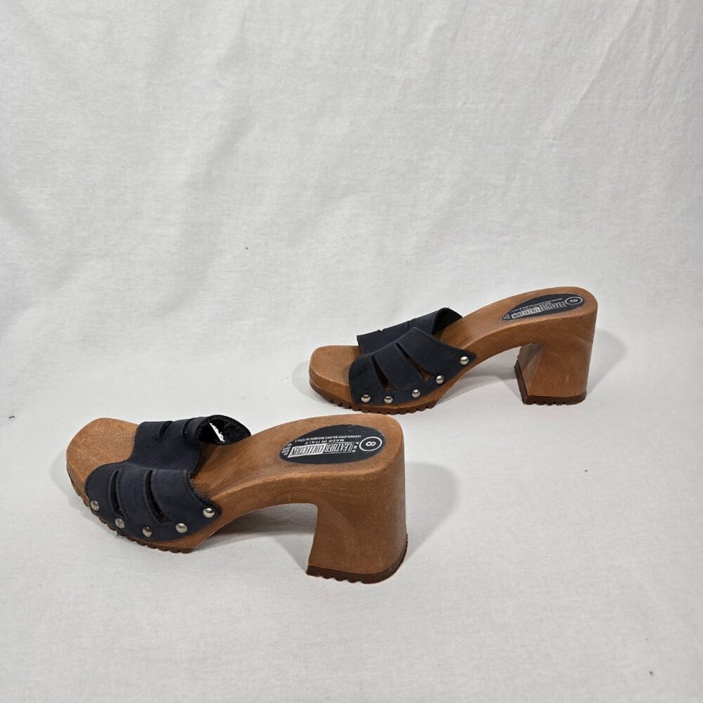 Vintage THE LEATHER COLLECTION Blue Leather Chunky Heels Platform Sandals Size 8 - Picture 3 of 17